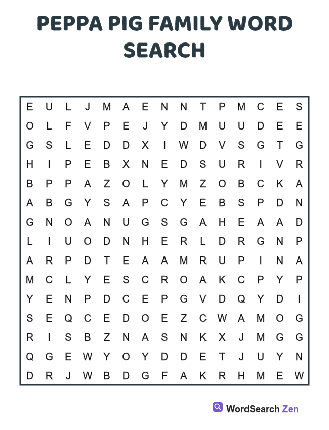 Peppa Pig Family Word Search printable puzzle sheet, 15 hidden words