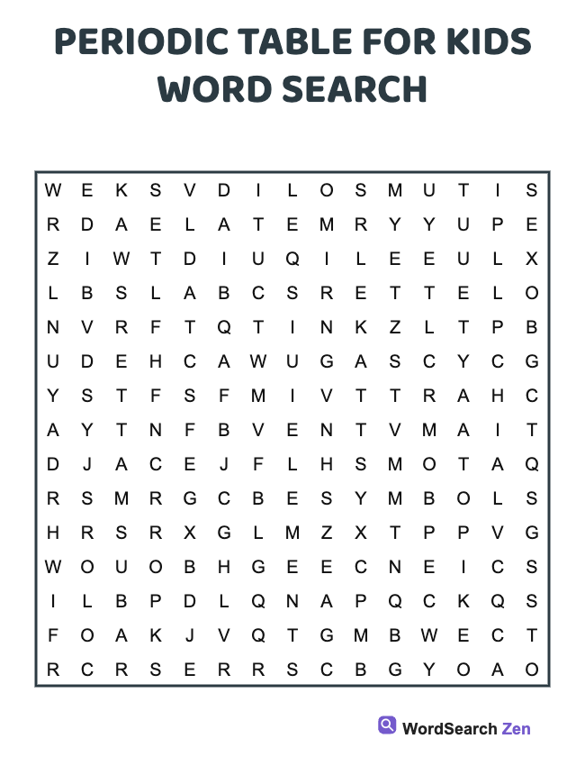 Periodic Table For Kids Word Search