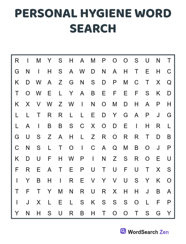 Personal Hygiene Word Search printable puzzle sheet, 15 hidden words