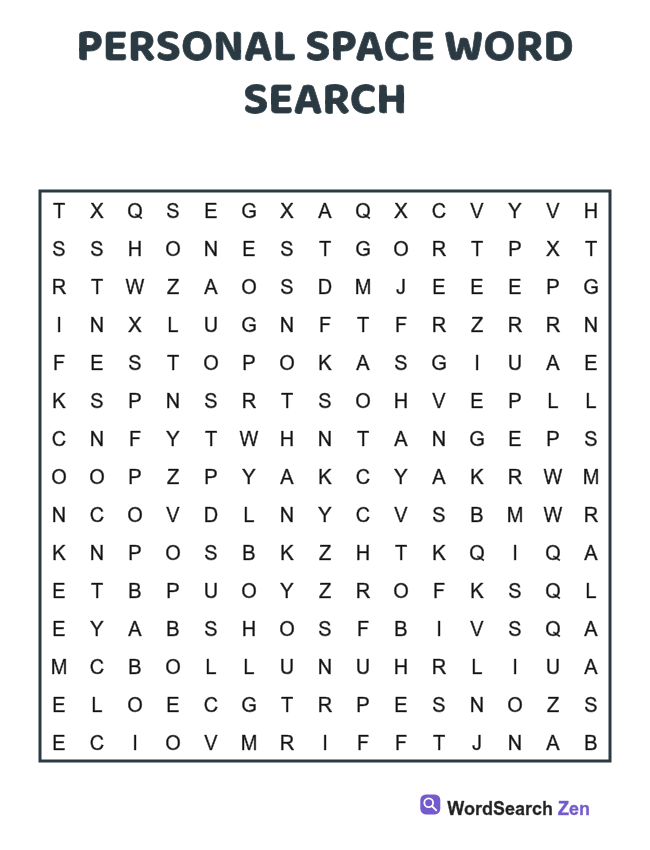 Personal Space Word Search printable puzzle sheet, 15 hidden words