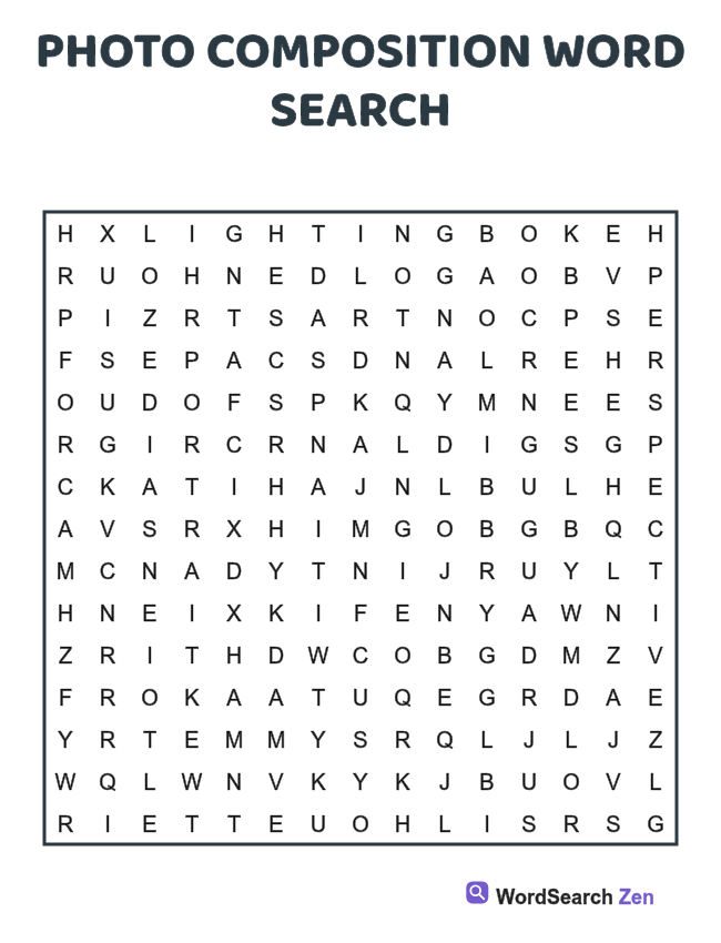 Photo Composition Word Search printable puzzle sheet