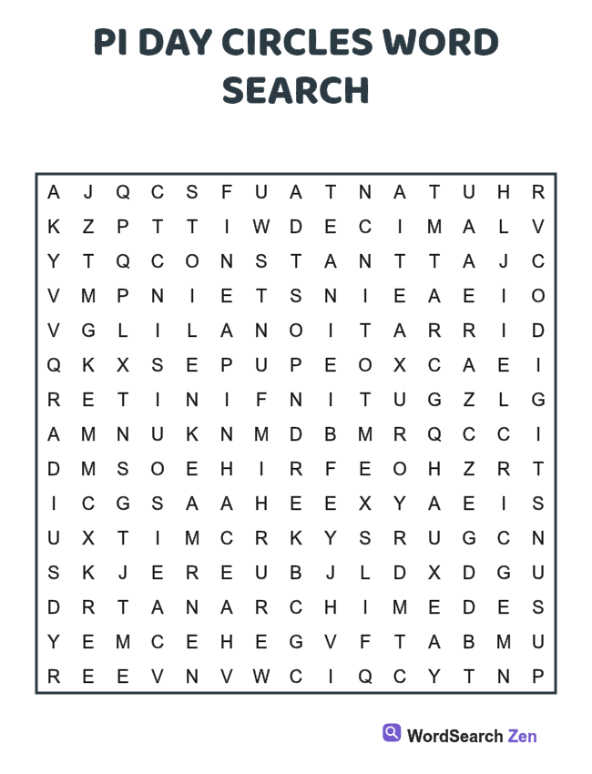 Pi Day Circles Word Search printable puzzle sheet