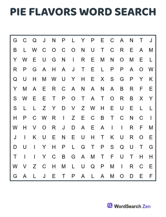 Pie Flavors Word Search printable puzzle sheet, 15 hidden words