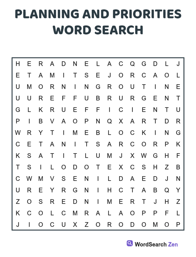 Planning and Priorities Word Search printable puzzle sheet, 15 hidden words