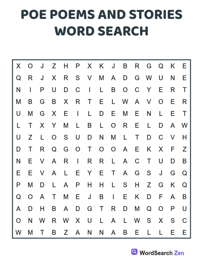 Poe Poems and Stories Word Search printable puzzle sheet, 15 hidden words