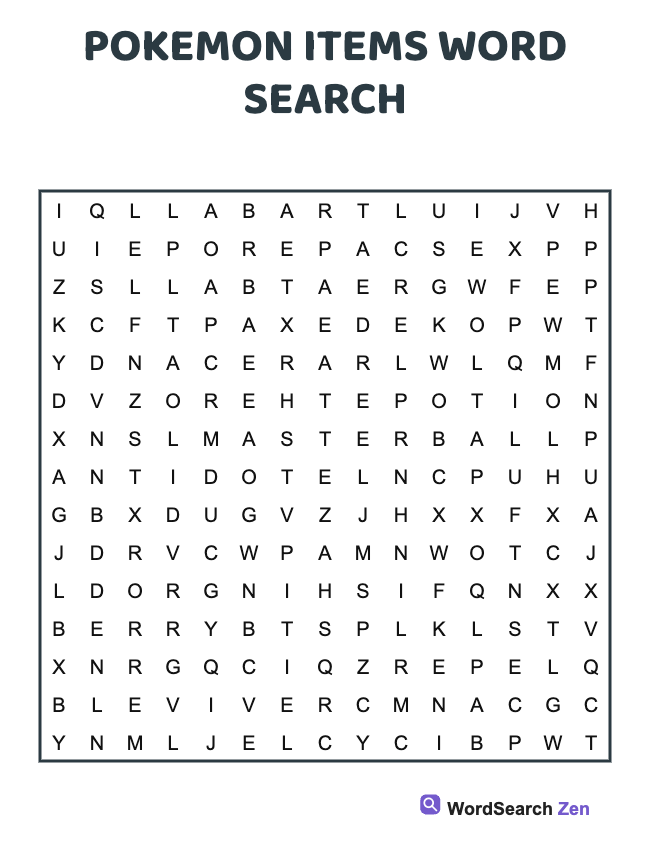 Pokemon Items Word Search