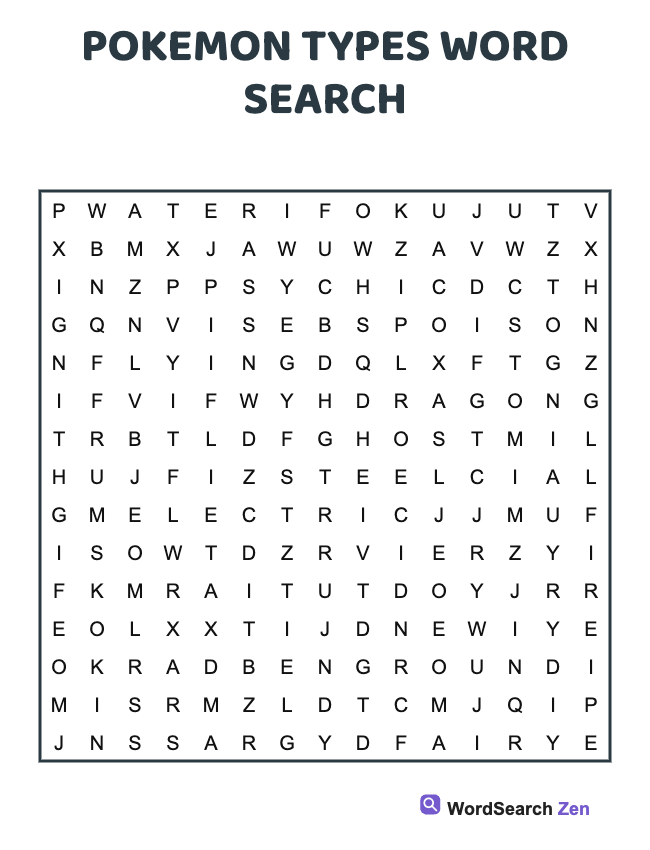 Pokemon Types Word Search