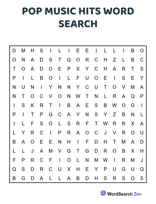 Pop Music Hits Word Search printable puzzle sheet, 15 hidden words