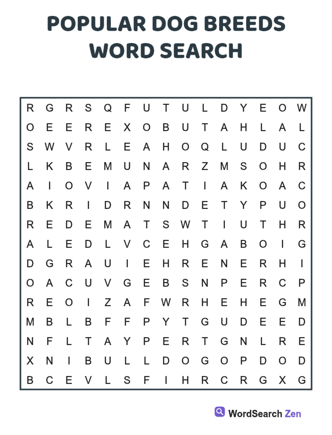Popular Dog Breeds Word Search printable puzzle sheet, 15 hidden words