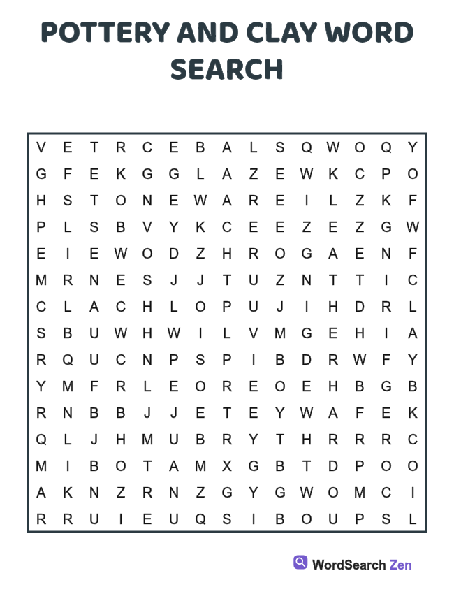 Pottery and Clay Word Search printable puzzle sheet