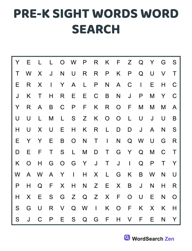 Pre-K Sight Words Word Search