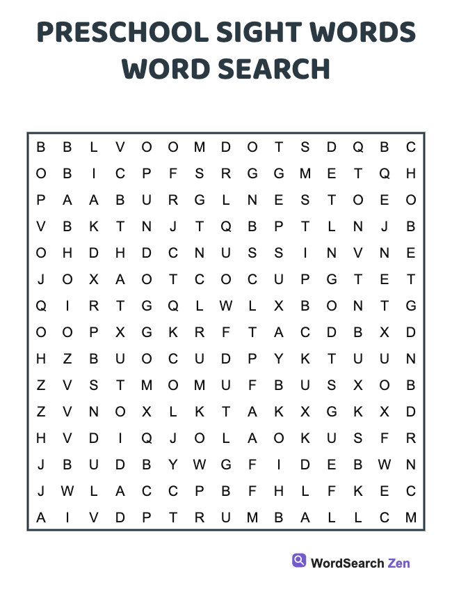 Preschool Sight Words Word Search