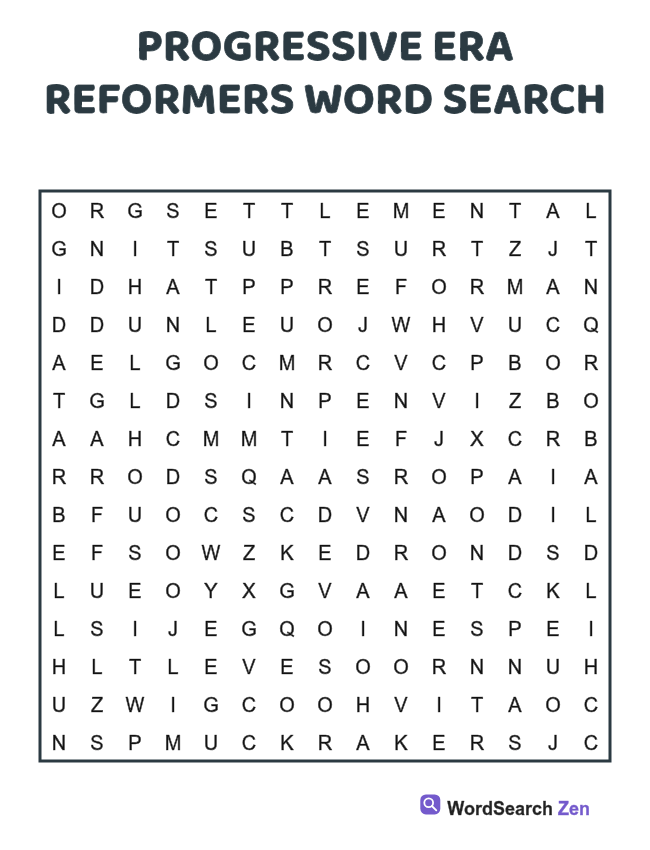 Progressive Era Reformers Word Search printable puzzle sheet, 15 hidden words