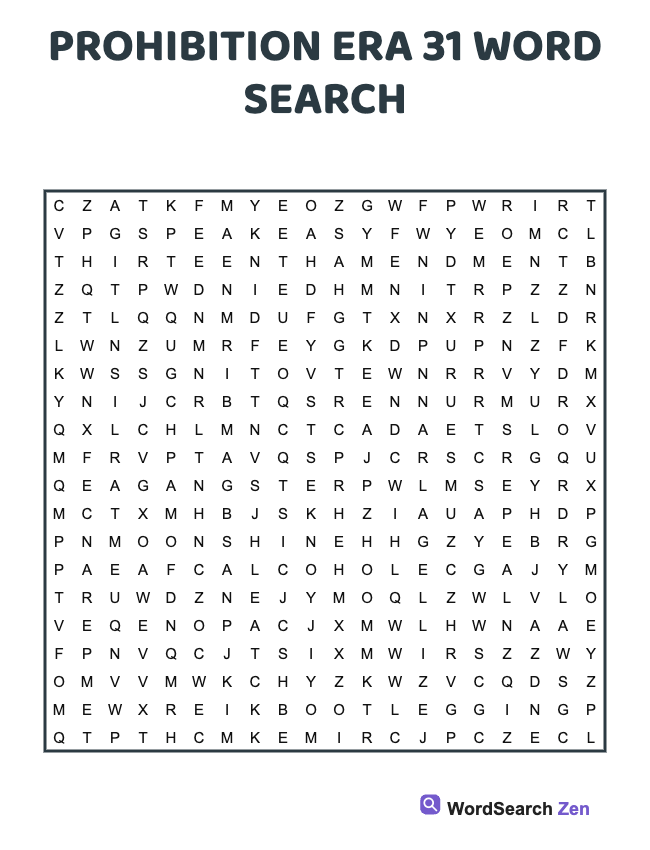 Prohibition Era 31 Word Search