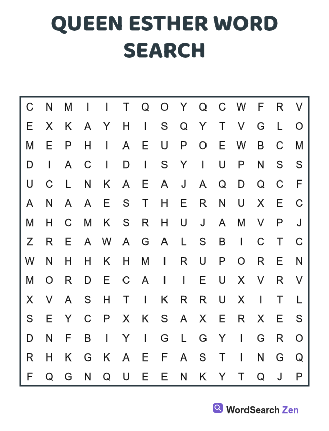 Queen Esther Word Search printable puzzle sheet, 15 hidden words