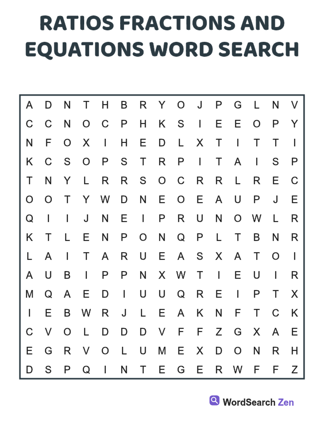 Ratios Fractions and Equations Word Search printable puzzle sheet, 15 hidden words
