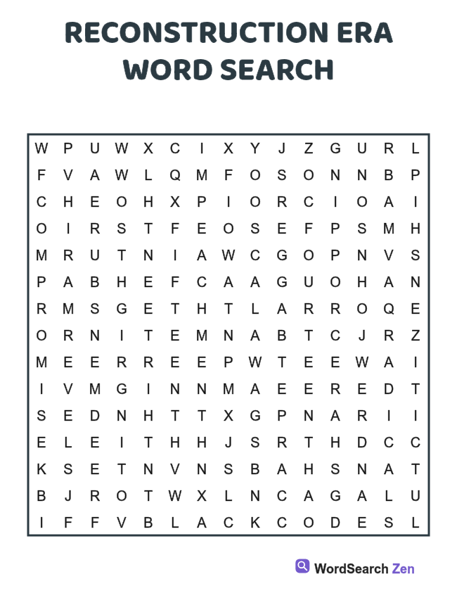 Reconstruction Era Word Search printable puzzle sheet, 15 hidden words