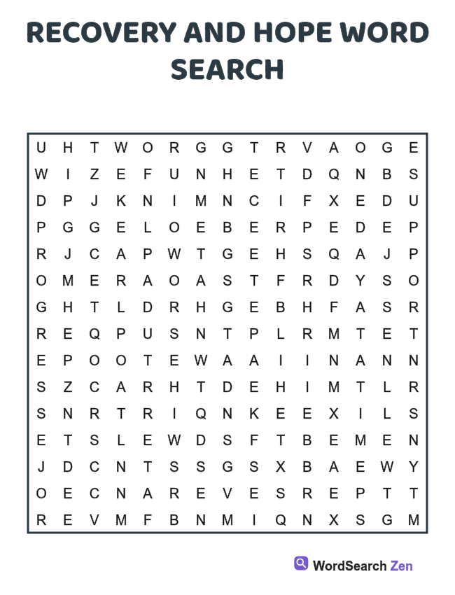Recovery and Hope Word Search printable puzzle sheet
