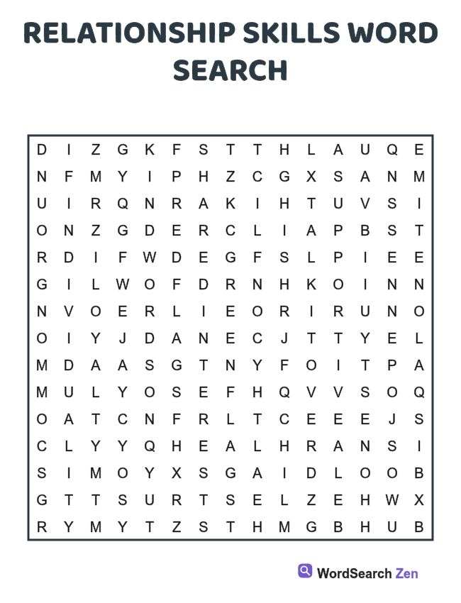 Relationship Skills Word Search printable puzzle sheet, 15 hidden words