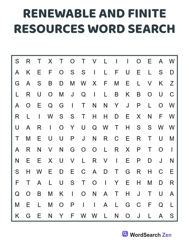 Renewable and Finite Resources Word Search printable puzzle sheet, 15 hidden words