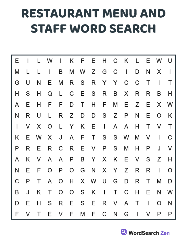 Restaurant Menu and Staff Word Search printable puzzle sheet, 15 hidden words