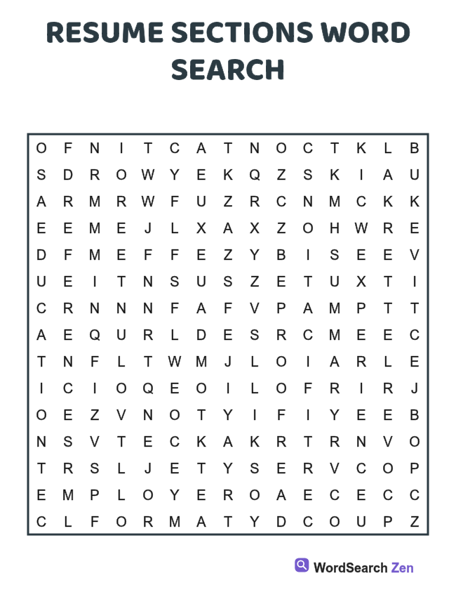Resume Sections Word Search printable puzzle sheet