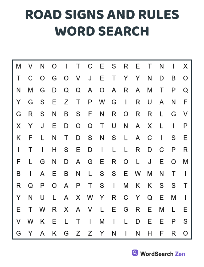 Road Signs and Rules Word Search printable puzzle sheet, 15 hidden words