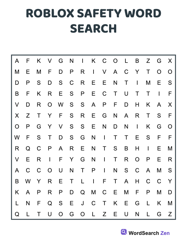Roblox Safety Word Search