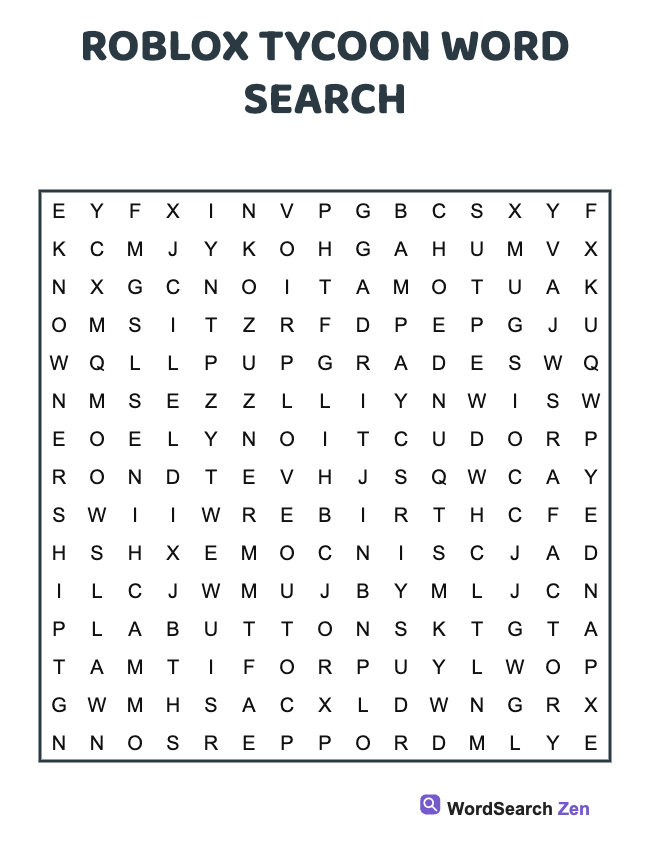 Roblox Tycoon Word Search