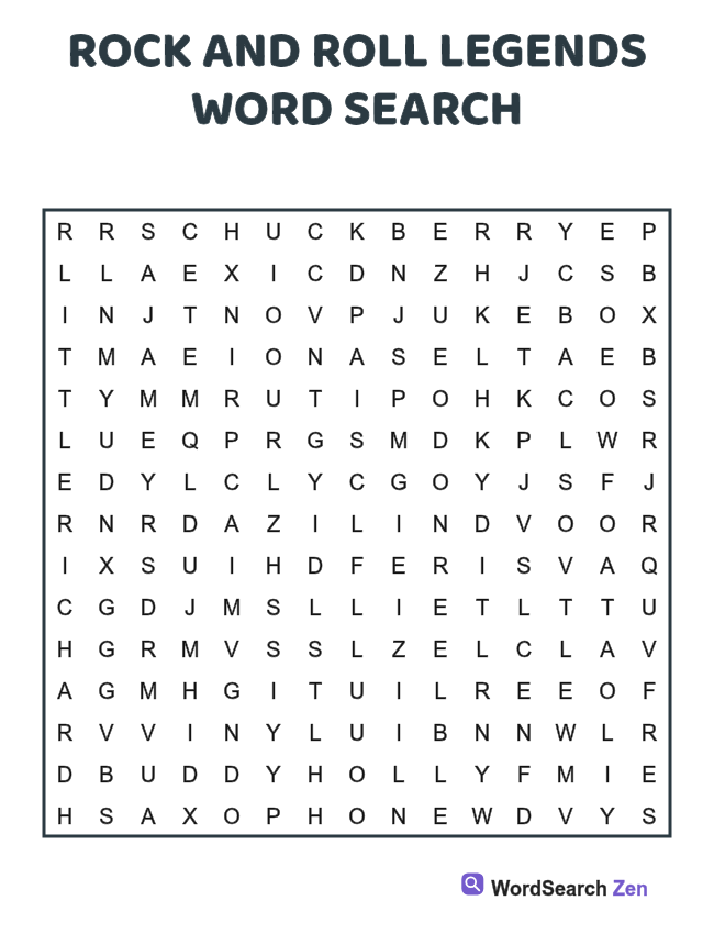 Rock and Roll Legends Word Search printable puzzle sheet, 15 hidden words
