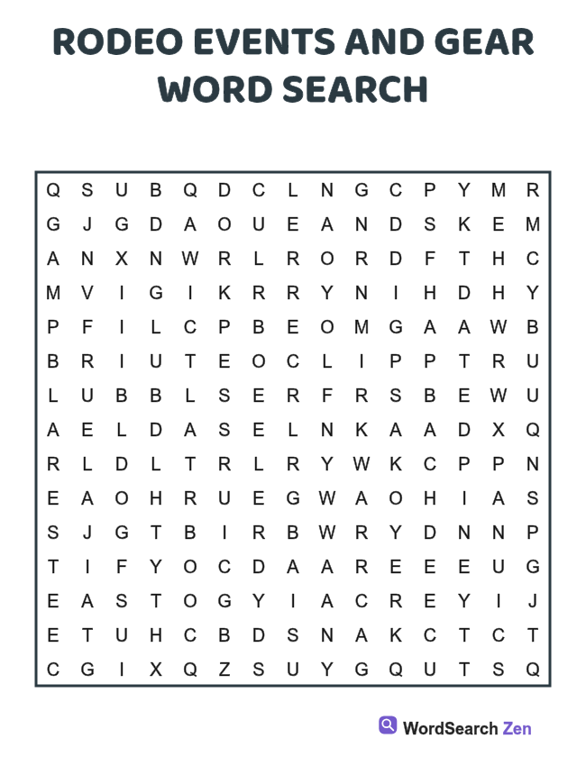 Rodeo Events and Gear Word Search printable puzzle sheet, 15 hidden words