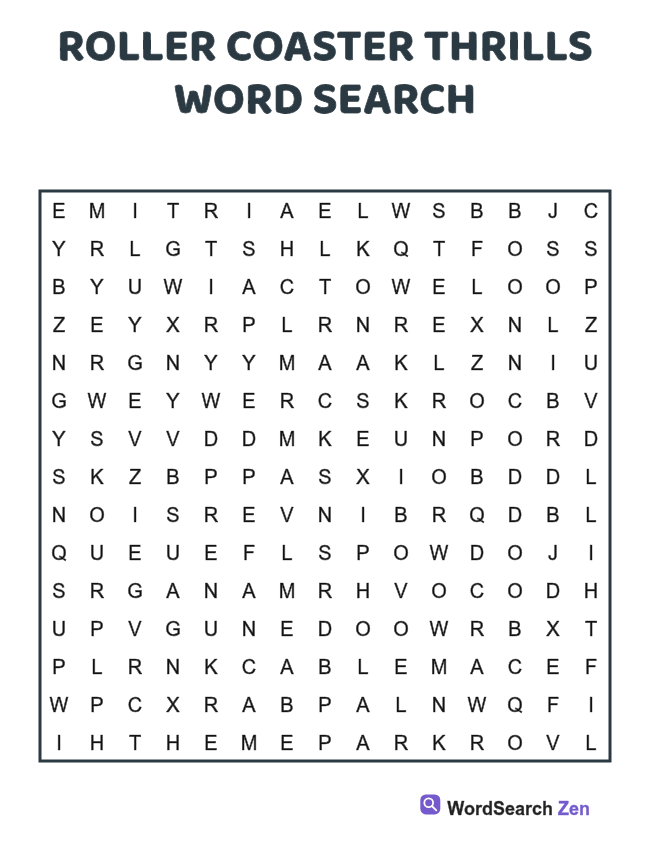 Roller Coaster Thrills Word Search printable puzzle sheet, 15 hidden words