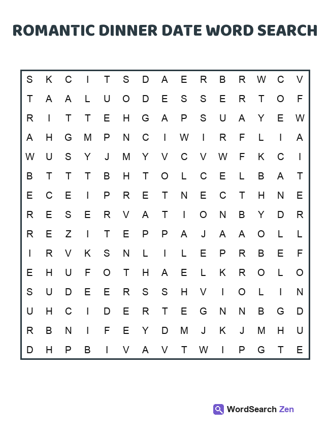 Romantic Dinner Date Word Search printable puzzle sheet