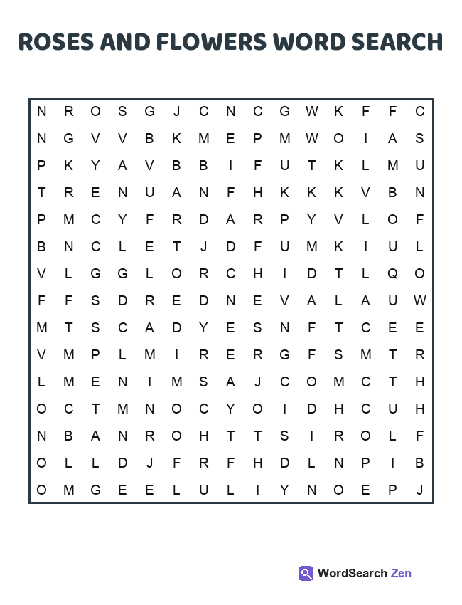 Roses And Flowers Word Search printable puzzle sheet