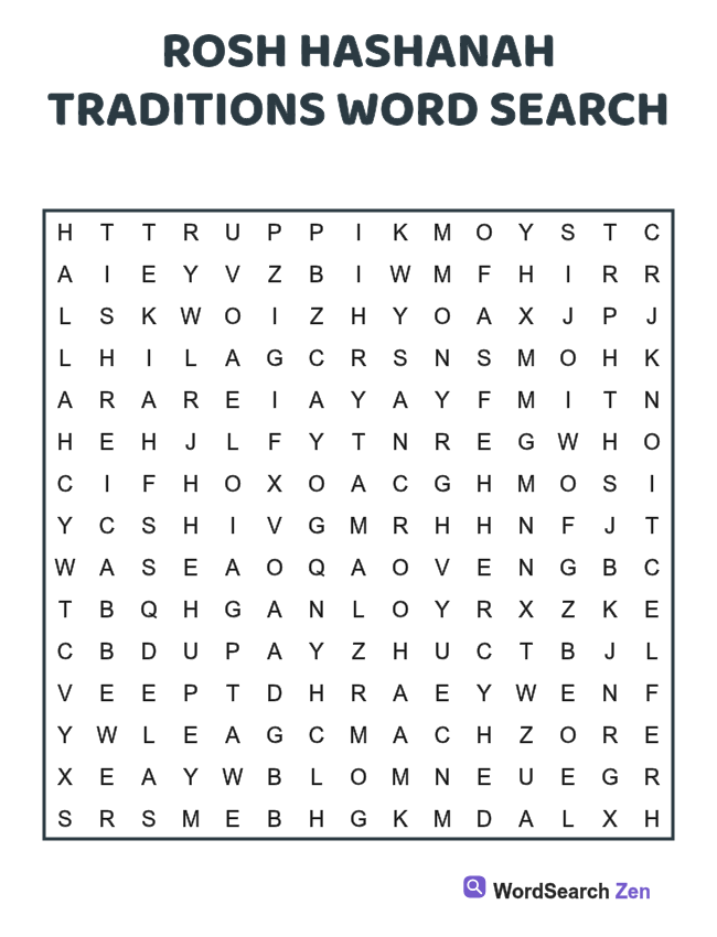 Rosh Hashanah Traditions Word Search printable puzzle sheet, 15 hidden words