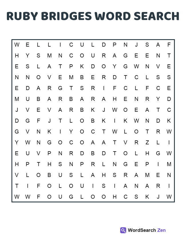 Ruby Bridges Word Search printable puzzle sheet