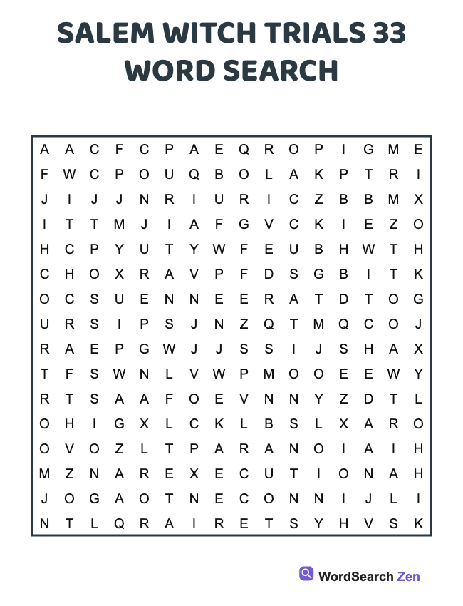 Salem Witch Trials 33 Word Search