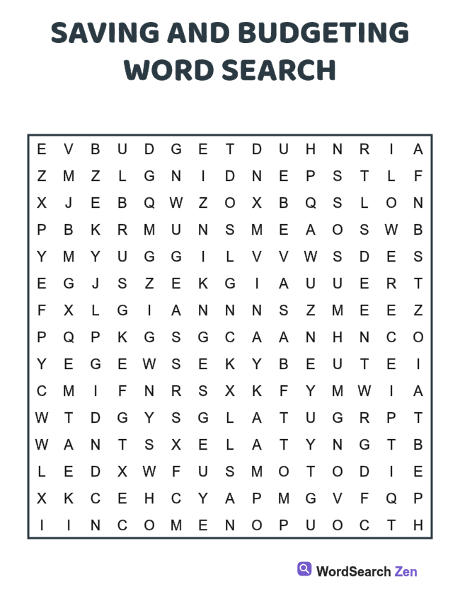 Saving and Budgeting Word Search printable puzzle sheet