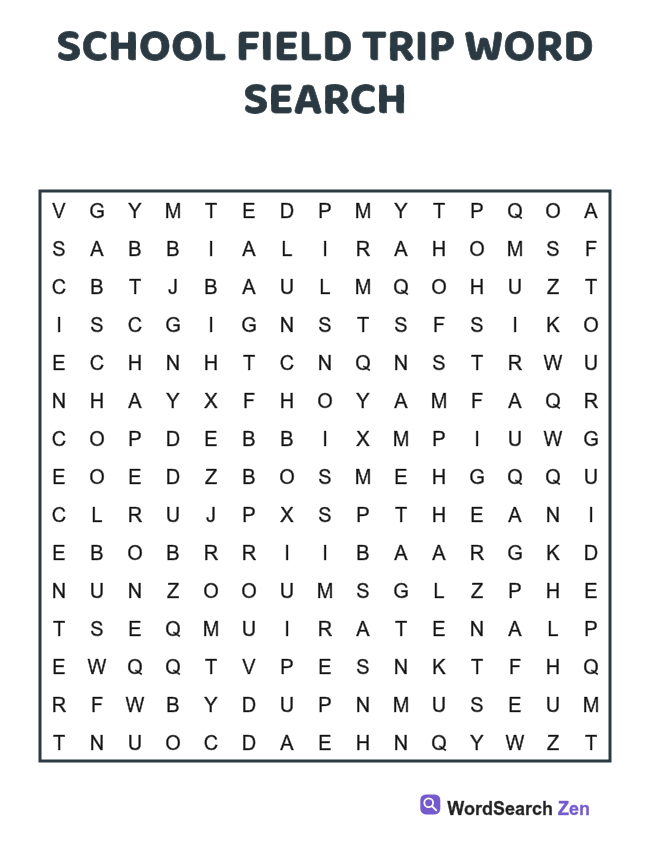 School Field Trip Word Search printable puzzle sheet, 15 hidden words