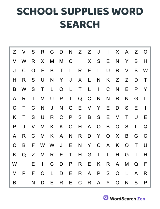 School Supplies Word Search