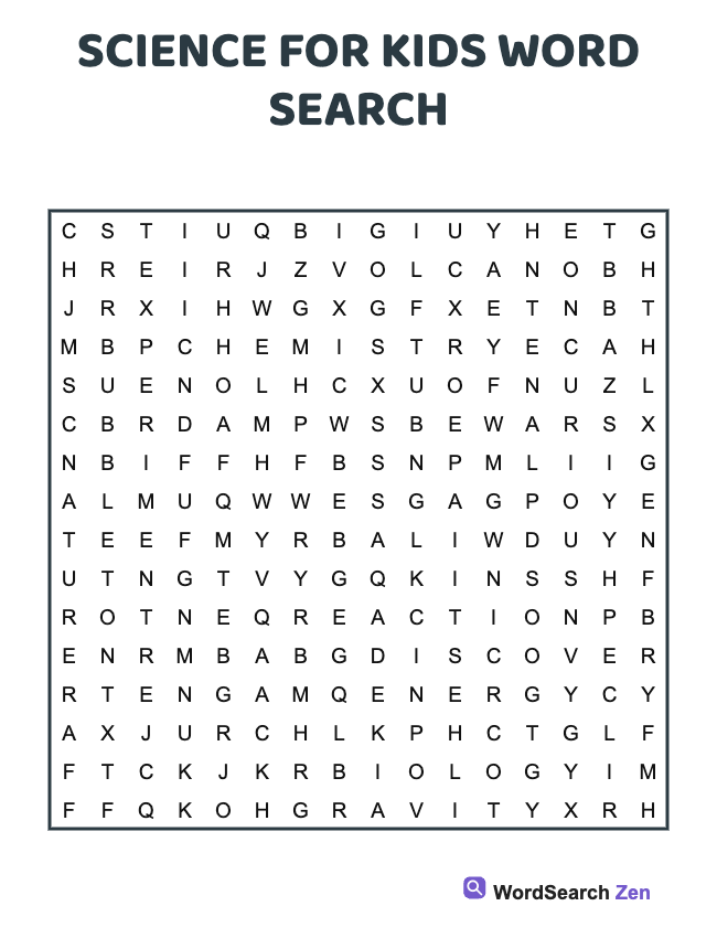Science For Kids Word Search