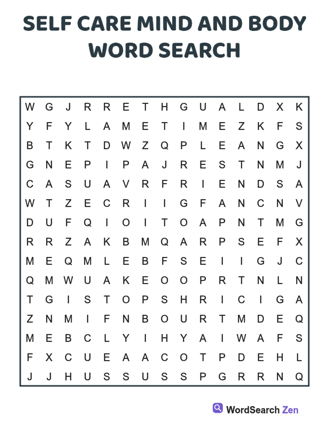 Self Care Mind and Body Word Search printable puzzle sheet