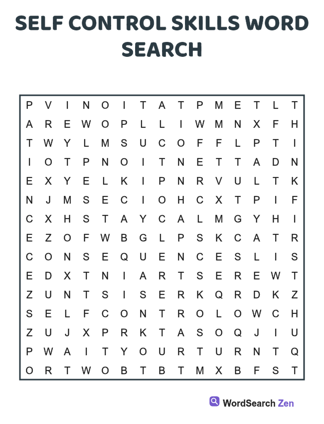 Self Control Skills Word Search printable puzzle sheet, 15 hidden words