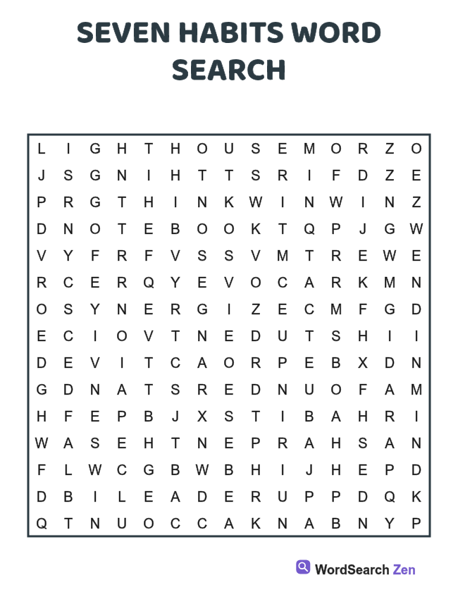 Seven Habits Word Search printable puzzle sheet, 15 hidden words