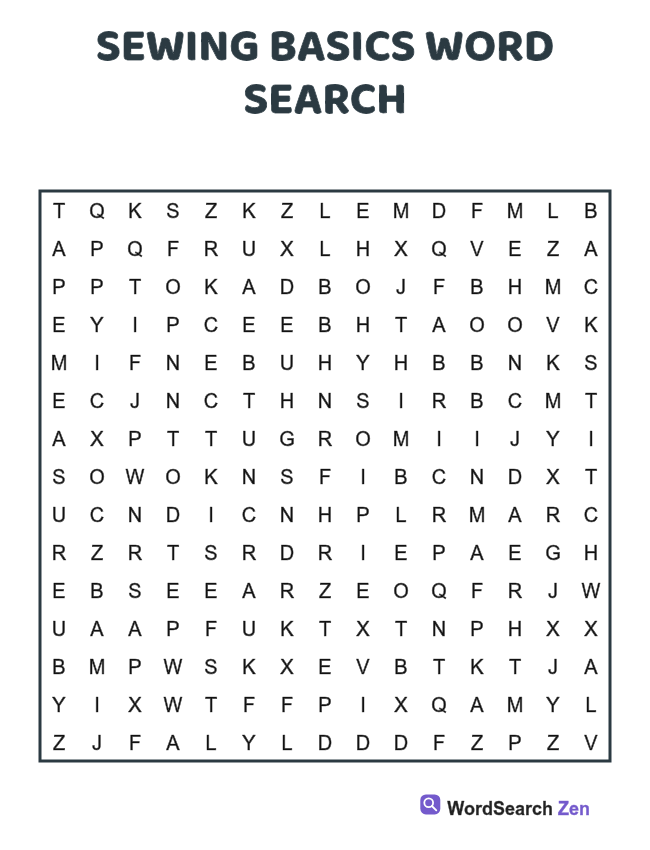 Sewing Basics Word Search printable puzzle sheet, 15 hidden words