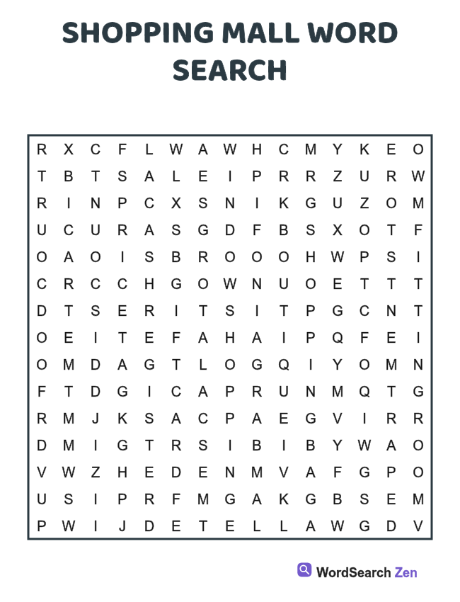 Shopping Mall Word Search printable puzzle sheet, 15 hidden words