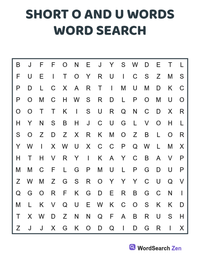 Short O and U Words Word Search printable puzzle sheet