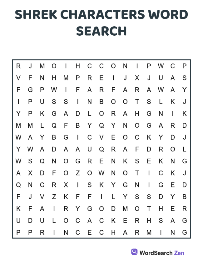 Shrek Characters Word Search printable puzzle sheet, 15 hidden words