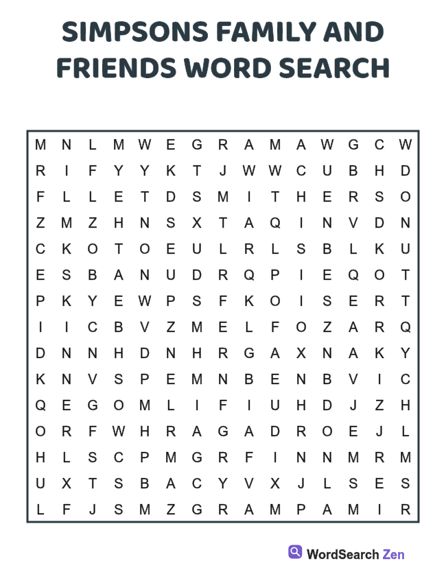 Simpsons Family and Friends Word Search printable puzzle sheet, 15 hidden words