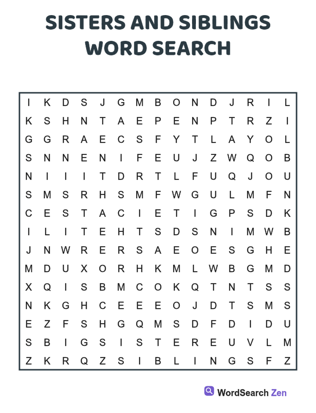 Sisters and Siblings Word Search printable puzzle sheet, 15 hidden words